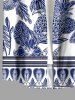 Blue And White Porcelain Pineapple Hibiscus Flower Leaf Print Plus Size Matching Hawaii Beach Outfit For Couples -  