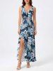 Flowers Leaf Print Hawaii Ruffles Split Surplice Dress -  