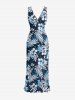Flowers Leaf Print Hawaii Ruffles Split Surplice Dress -  