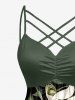 Plus Size Flowers Leaf Print Ruched Lattice Crisscross Straps Hawaii Dress -  