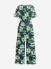 Hibiscus Flowers Leaf Print V Neck Hawaii Wide Leg Jumpsuit -  