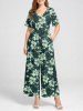 Hibiscus Flowers Leaf Print V Neck Hawaii Wide Leg Jumpsuit -  