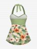 Hibiscus Flowers Tropical Leaf Print Halter Cinched Boyleg Tankini Swimsuit -  
