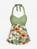 Hibiscus Flowers Tropical Leaf Print Halter Cinched Boyleg Tankini Swimsuit -  
