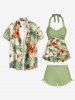 Hibiscus Flowers Tropical Leaf Print Halter Cinched Boyleg Tankini Swimsuit -  