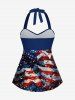 Patriotic American Flag Graffiti Print Halter Cinched Boyleg Tankini Swimsuit -  