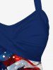 Patriotic American Flag Graffiti Print Halter Cinched Boyleg Tankini Swimsuit -  