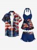 Patriotic American Flag Graffiti Print Halter Cinched Boyleg Tankini Swimsuit -  