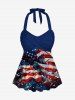 Patriotic American Flag Graffiti Print Halter Cinched Boyleg Tankini Swimsuit -  