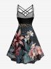 Hibiscus Flowers Leaf Print Ruched Lattice Crisscross Straps Hawaii Dress -  
