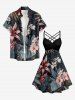 Hibiscus Flowers Leaf Print Ruched Lattice Crisscross Straps Hawaii Dress -  