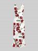 Tropical Leaf Flower Print Hawaii Ruffles Split Dress - Rouge foncé S