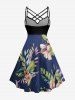 Tropical Leaf Flower Print Hawaii Ruched Crisscross Strappy A Line Dress - Bleu profond L