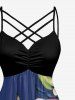 Tropical Leaf Flower Print Hawaii Ruched Crisscross Strappy A Line Dress - Bleu profond L