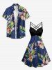 Tropical Leaf Flower Print Hawaii Ruched Crisscross Strappy A Line Dress - Bleu profond L