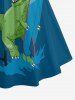 Dinosaur Letters Sea Waves Print Hawaii Ruched Crisscross Strappy A Line Dress - Paon Bleu L