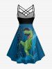 Dinosaur Letters Sea Waves Print Hawaii Ruched Crisscross Strappy A Line Dress - Paon Bleu 3X