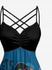 Dinosaur Letters Sea Waves Print Hawaii Ruched Crisscross Strappy A Line Dress - Paon Bleu 3X