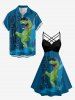 Dinosaur Letters Sea Waves Print Hawaii Ruched Crisscross Strappy A Line Dress - Paon Bleu 3X