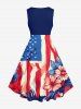 Patriotic American Flag Flower Print Vintage Swing A Line Dress - Bleu M
