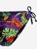Tropical Leaf Flower Print Hawaii Plunging Halter Backless Bikini Set - Pourpre  XS