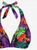 Tropical Leaf Flower Print Hawaii Plunging Halter Backless Bikini Set - Pourpre  XS