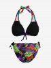 Tropical Leaf Flower Print Hawaii Plunging Halter Backless Bikini Set - Pourpre  XS