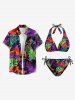 Tropical Leaf Flower Print Hawaii Plunging Halter Backless Bikini Set - Pourpre  XS