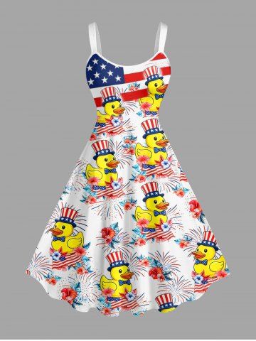 Plus Size Patriotic American Flag Fireworks Ducks Flower Print Tank Dress - WHITE - M