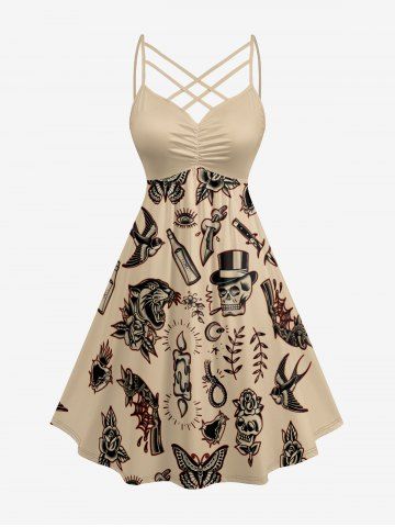 Plus Size Skull Leopard Bird Candle Ring Print Ruched Lattice Crisscross Straps Hawaii Dress - TAN - XXS