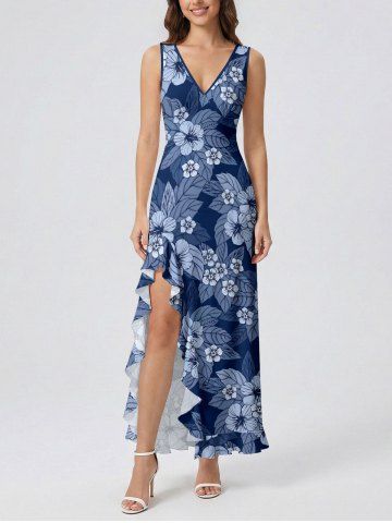 Flowers Leaf Print Hawaii Ruffles Split Surplice Dress - DEEP BLUE - S