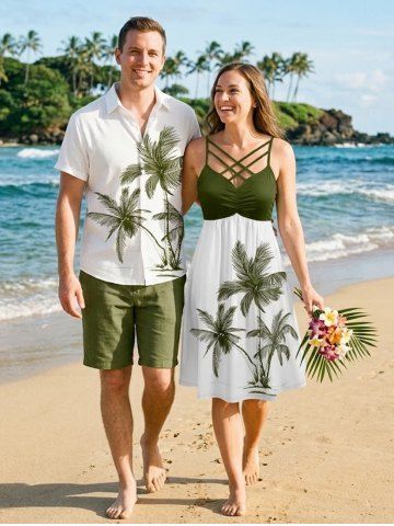 Coconut Tree Print Plus Size Matching Hawaii Beach Outfit For Couples - PLANT GREEN