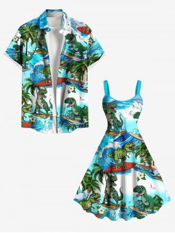 Coconut Tree Dinosaur Sea Waves Print Plus Size Matching Hawaii Beach Outfit For Couples