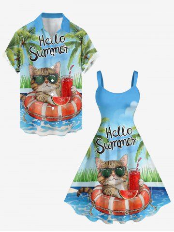 Coconut Tree Cat Swimming Ring Letters Print Plus Size Matching Hawaii Beach Outfit For Couples