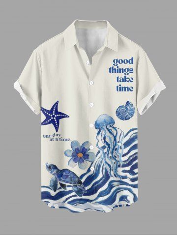 Plus Size Starfish Jellyfish Turtle Flowers Print Buttons Pocket Hawaii Shirt For Men - BLUE - M