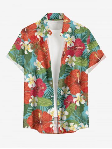 Plus Size Men's Hibiscus Flower Tropical Leaf Print Buttons Pocket Hawaii Shirt - RED - S