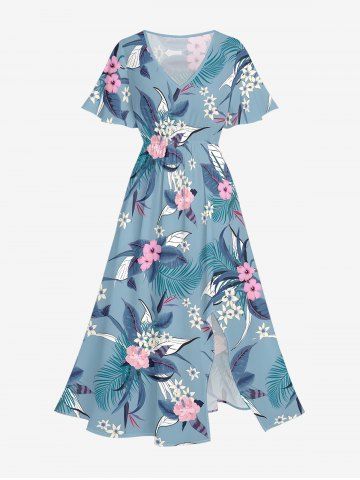 Plus Size Flowers Leaf Tropical Print Split Hawaii Midi Dress - LIGHT BLUE - XXS