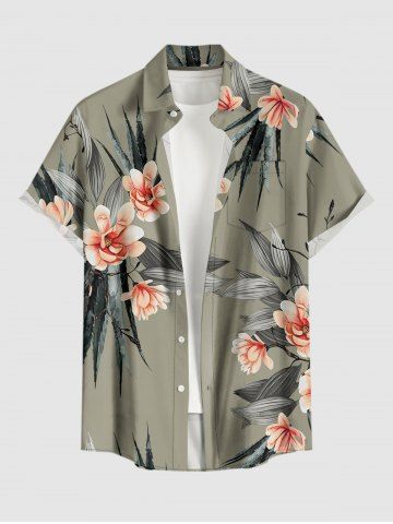 Plus Size Tropical Leaf Flower Print Hawaii Button Pocket Shirt For Men - GRAY - M