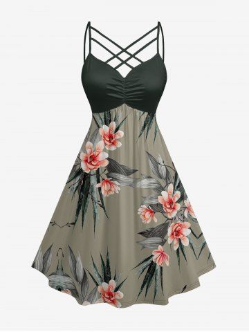 Plus Size Tropical Leaf Flower Print Hawaii Ruched Crisscross Strappy A Line Cami Dress - DEEP GREEN - XXS