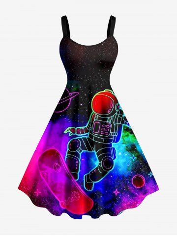 Plus Size Astronaut Planet Skateboard Galaxy Print Hawaii A Line Dress - PURPLE - XS
