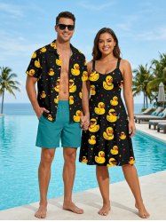 Ducks Colorful Star Print Plus Size Matching Hawaii Beach Outfit For Couples - Noir 