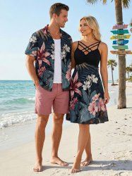 Hibiscus Flowers Leaf Print Plus Size Matching Hawaii Beach Outfit For Couples -  