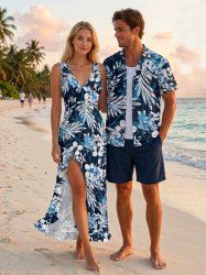 Flowers Leaf Print Matching Hawaii Beach Outfit For Couples -  
