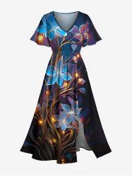 Plus Size Flowers Galaxy Glitter 3D Print Split Hawaii Midi Dress -  
