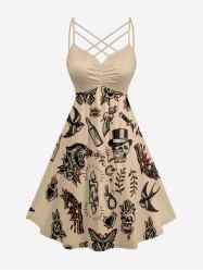 Skull Leopard Bird Candle Ring Print Ruched Lattice Crisscross Straps Hawaii Dress -  