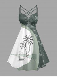 Coconut Tree Seascape Umbrella Flowers Colorblock Print Ruched Lattice Crisscross Straps Hawaii Dress - Vert clair L