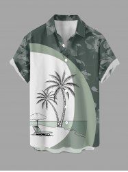 Plus Size Coconut Tree Seascape Umbrella Flowers Colorblock Print Buttons Pocket Hawaii Shirt For Men - Vert clair 4XL