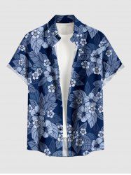 Plus Size Flowers Leaf Print Buttons Pocket Hawaii Shirt For Men - Bleu profond 2XL