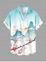 Plus Size Mountain Flower Branch Sun Print Buttons Pocket Hawaii Shirt For Men -  