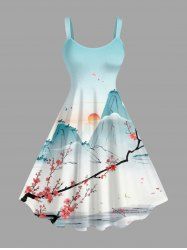 Plus Size Mountain Flower Branch Sun Print Hawaii Tank Dress -  